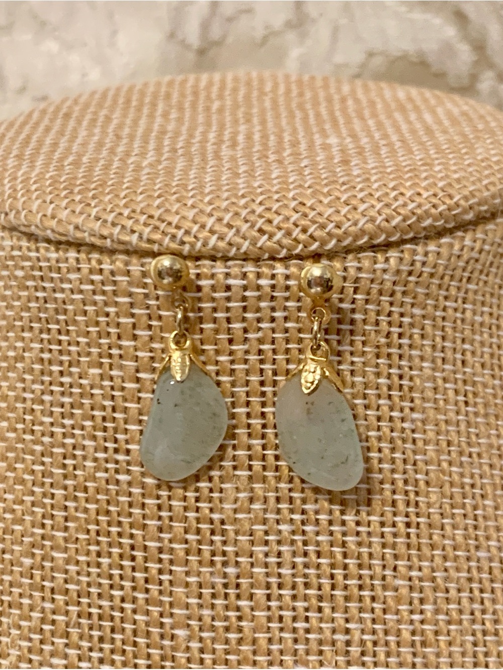 Gold Drop Earrings with Quartz Pendants - Light Green